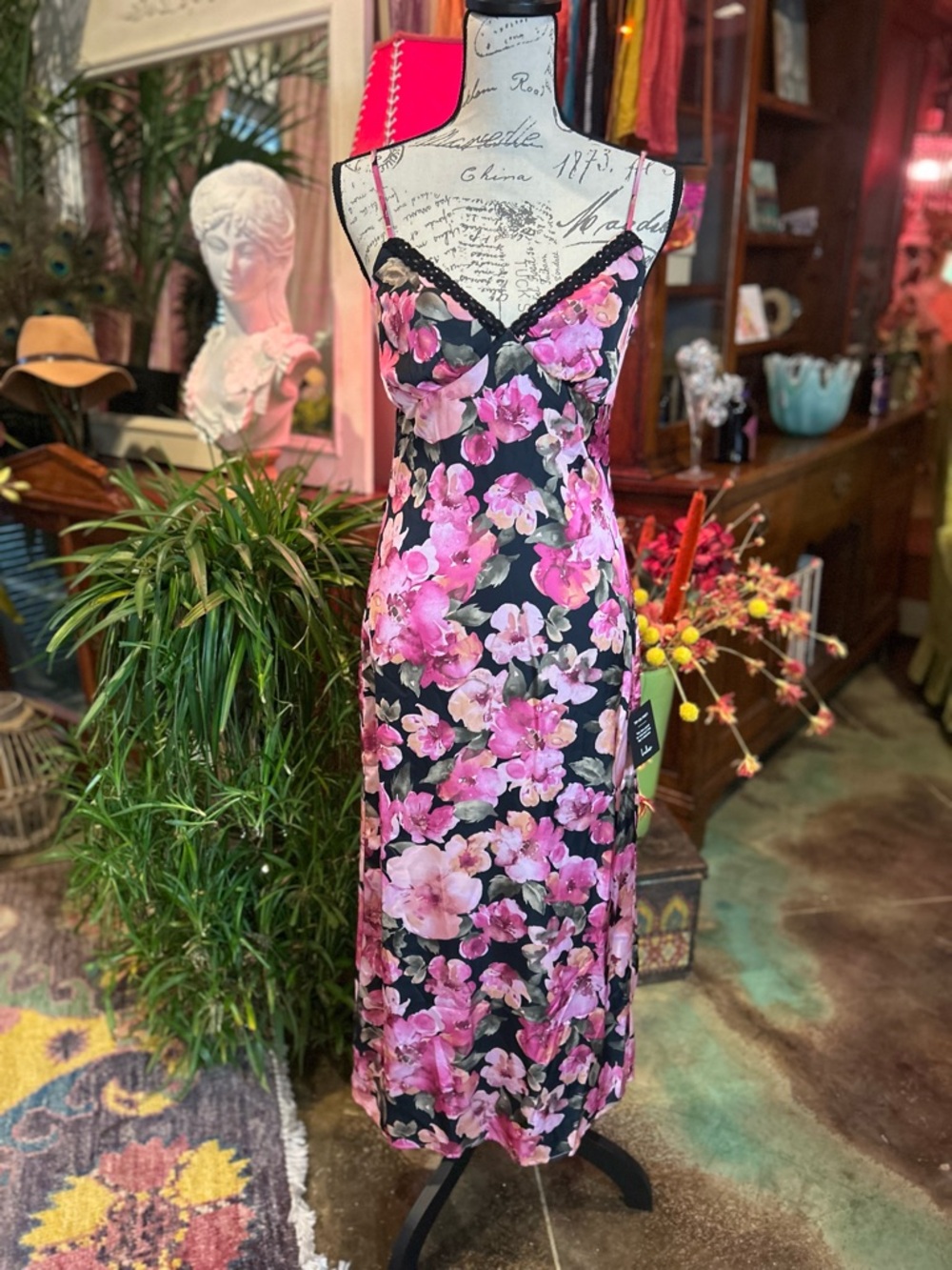 NWT Lulus Matti Black Pink Floral Satin Slip Midi Dress Lace Trim Size S